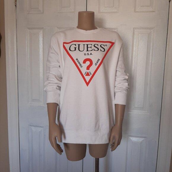GUESS White Cotton Crewneck Long Sleeve Sweater - Size Large | Casual, Cozy - Picture 11 of 13